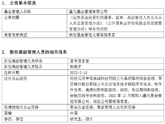 鑫元基金新任杨晓宇为首席信息官 曾为南京银行金融应用开发部经理